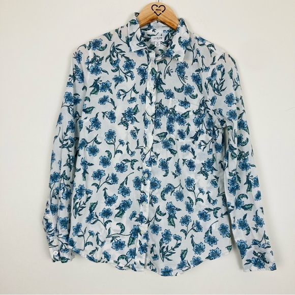 J. Crew blue and white floral print button front long sleeve shirt. Medium - Picture 1 of 7